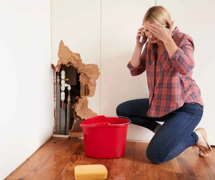 A homeowner catching a ceiling leak in a bucket in a Southwest Fort Worth home