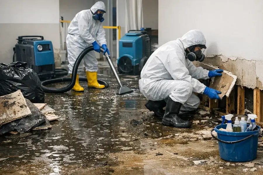 Technicians in protective gear cleaning up a sewage backup in a Southwest Fort Worth home