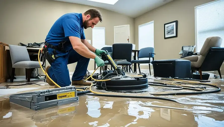A restoration technician cleaning up storm flood water inside a Southwest Fort Worth home